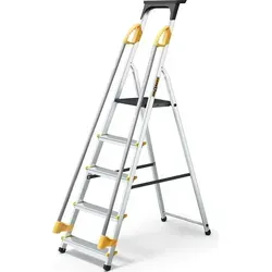 DRABEST PRO Serie Klappbare Leiter mit Sicherheits-Handläufen - Aluleiter mit 5 Stufen, bis 150 kg belastbar und Anti-Rutsch-Riffelung für sicheren Auf- und Abstieg. Ideal für Arbeiten in Höhen bis 2,97 m.
