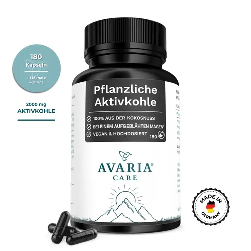 Pflanzliche Aktivkohle 2000 mg hochdosiert - 100% Kokosnuss Vegan - 180 Kapseln