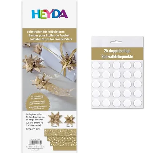 Heyda Faltstreifen für Fröbelsterne – 96 Streifen – beidseitig bedruckt – Bastelpapier Set für 24 Sterne – mit Anleitung – DIY, Origami, Basteln - Inklusive 25 Klebepunkte (gold 1x30cm + 1,5x45cm)