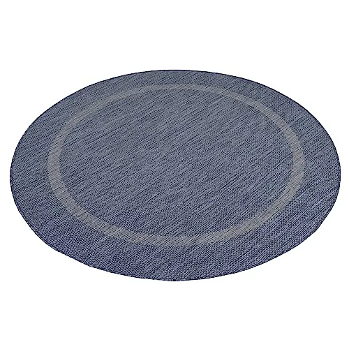 Teppium Outdoor Teppich Wetterfest 200 cm Rund Blau Sisal Optik - Küchenteppich Waschbar rutschfest, Wasserfest, Bordüre, Pflegeleicht - Ideal für Balkon, Terassen, Garten, Camping oder Küche