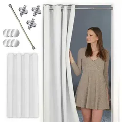 tinycurtains Türvorhang mit Stange silber 55-90 cm ohne Bohren, Thermo Vorhang mit Magneten, Ösen, abdunkelnd, Polyester, blickdicht, weiß Purity, Türgardine mit Klemmstange, verdunkelnd weiß 150 cm x 210 cm