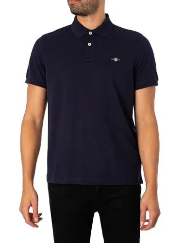 Gant Herren REG Shield SS Pique Polohemd - Evening Blue, Größe S - Poloshirt für Herren mit normaler Passform, Flachstrickkragen und markanter grafischer Stickerei für einen stilvollen Look.