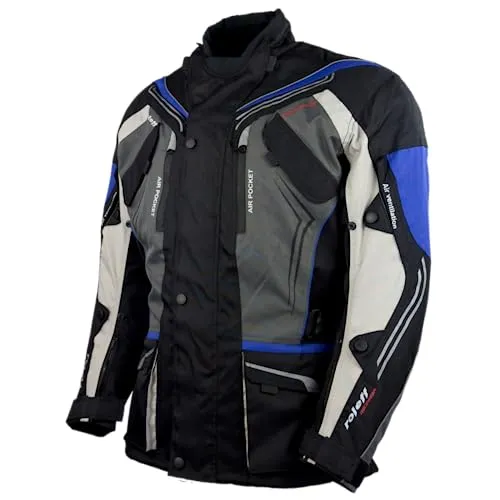 Schwarze-graue-blaue Motorradjacke mit Protektoren - Schutzjacke aus Kodra 500 D mit herausnehmbarer Wind-Tex Klimamembrane, atmungsaktiv und wasserabweisend. Ausgestattet mit zertifizierten CE-Protektoren, Lüftungsreißverschlüssen und verstellbarem Thermofutter.