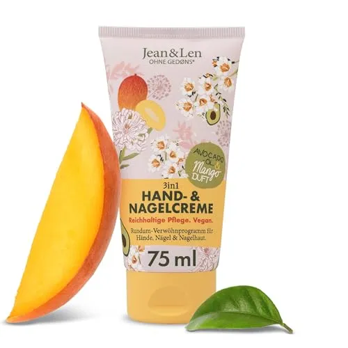 Produktbild Jean & Len Hand- & Nagelcreme Mango & Avocado, vegane Pflegeformel mit Shea- und Kakaobutter, reichhaltige Pflege, fruchtiger Mango-Duft, vegane Handpflege, ohne Parabene & Silikone, 75 ml
