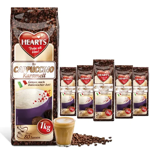 HEARTS Cappuccino Karamell 5 x 1kg Familiepackung - Kaffee: Leckeres Instant Kaffee Pulver mit Karamellgeschmack, ideal für gemütliche Familienmomente oder als süßer Genuss für unterwegs.