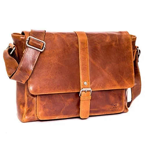 ALMADIH Umhängetasche Jordan Braun mit Laptop Fach - Umhängetasche aus hochwertigem Vintage-Leder, ideal für Uni und Beruf. Bietet vielseitige Organisationsmöglichkeiten und ist dank breiter Schulterriemen bequem zu tragen.