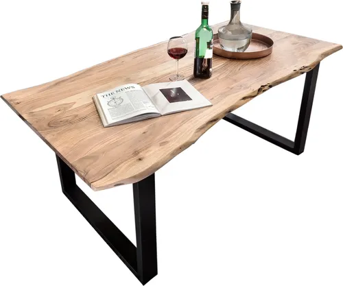 SIT Möbel Baumkante-Esstisch 120 x 80 cm - Esstisch mit einzigartiger Baumkante aus Akazie und 26 mm starker Tischplatte, modernes Kufen-Gestell aus antikschwarzem Stahl, ideal für stilvolle Essbereiche.