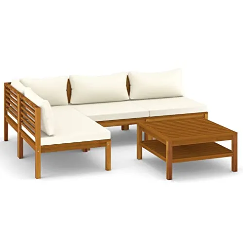 vidaXL 5-tlg. Garten-Lounge-Set mit Creme Kissen - Gartenmöbel aus massivem Akazienholz, wetterfest und langlebig. Ideal für entspannte Stunden im Freien mit dick gepolsterten Kissen für höchsten Komfort.