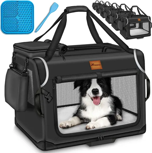 TRESKO® Hundebox faltbar Schwarz (S 50x34x34cm) inkl. Leckmatte, Spatel & Reflektoren | Transportbox für Hunde und Katzen | Hundetransportbox für kleine & große Hunde | Hundetasche robust