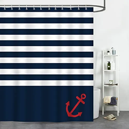 Bonhause Duschvorhang Marineblau Streifen Nautische Anker Duschvorhänge 180 x 180cm Anti-Schimmel Wasserdicht Polyester Stoff Waschbar Bad Vorhang für Badzimmer mit 12 Haken