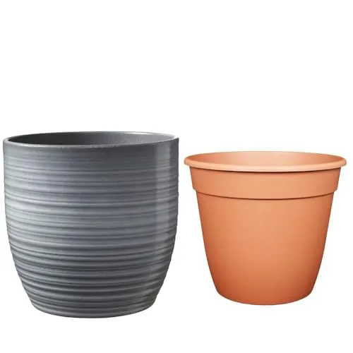 Set - SK Soendgen Keramikübertopf Bergamo ø13 cm, hellgrau glänzend + Pflanztopf ø12, hochwertiges Wohnambiente