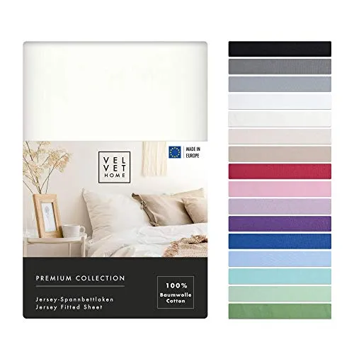 VelvetHome Spannbettlaken 180x200cm 100% gekämmte Baumwolle Made in EU Jersey Bettlaken 180x200 bis 25 cm Matratzenhöhe Spannbetttuch 180x200 Premium Qualität Schönen Farben Ecru 180 x 200