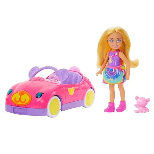 Barbie Chelsea-Puppe und Spielzeugauto-Set mit Cabrio im Bären-Design und Teddybär, Blonde kleine Puppe mit abnehmbarem Rock und Schuhen, HXN05