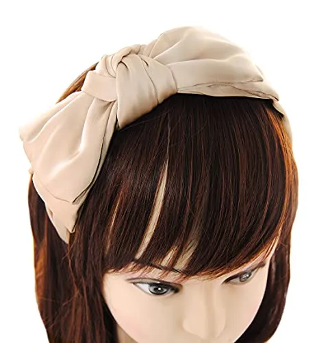 axy Haarreif mit große Doppel Schleife aus Satin 16 cm x 7,5 cm, Haarband Vintage Hairband Stirnband Haarreifen HRS1A (Beige)