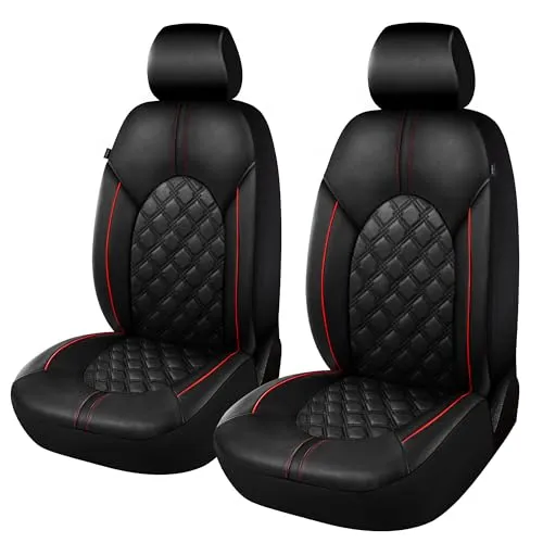 CAROMOP Luxuriöses Autositzbezüge aus PU-Leder, für vorne, schmutzabweisend, wasserdicht, universelle Auto-Innenbezüge, Sitzschoner für SUVs, Pick-Ups (Schwarz/Rote Linie)