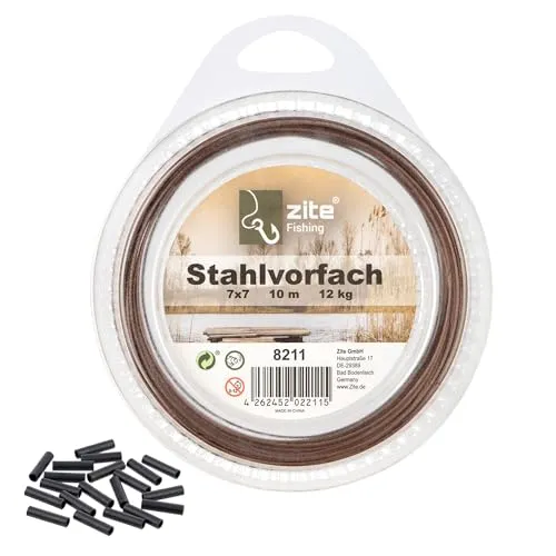 Zite Fishing Vorfachmaterial Stahl | Premium 7x7 Edelstahlvorfach für Raubfische 6-12kg | Vorfachmaterial zum Selberbauen | 10m Spule mit 20 Quetschhülsen | Nylonummantelung in Braun (12 kg)
