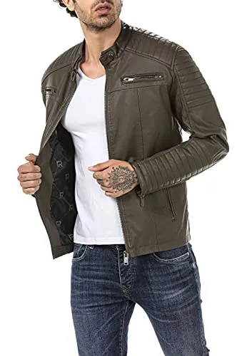 Redbridge Bikerjacke für Herren Kunstleder-Jacke Übergangsjacke Reißverschluss Khaki XXL