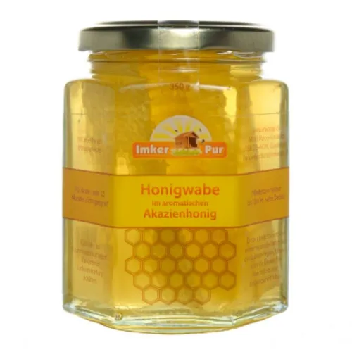 ImkerPur Honigwabe im Glas - Brotaufstrich – 100% naturbelassene Honigwabe in mildem Akazienhonig (350 g) für ein einzigartiges Geschmackserlebnis, ideal zum Verzehr pur oder als edle Ergänzung auf dem Frühstückstisch.