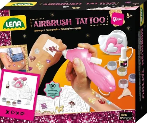 Airbrush Tattoo Studio – LENA® - Basteln und kreativ sein mit dem LENA® Airbrush Tattoo Studio! Erstelle mühelos trendige Glitzer-Tattoos mit 100 Schablonen und 4 Farben. Ideal für Kinder ab 8 Jahren.