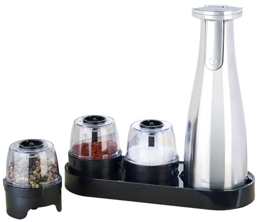 Rosenstein & Söhne Akku Salzmühle: Akku-Multi-Gewürzmühle mit 3x 150-ml-Wechselbehälter, 1.500 mAh, USB (Gewürzmühle Keramikmahlwerk, Salz & Pfeffer-Mühle 3in1, Gewürz)