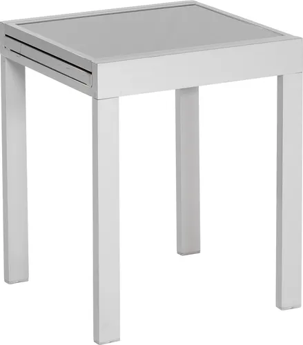 Merxx Ausziehbarer Balkontisch 65/130 x 65 cm - Aluminiumgestell Silber - Gartentisch aus pulverbeschichtetem Aluminium mit 5 mm Sicherheitsglasplatte. Ideal für kleine Terrassen, bietet Platz für 2-4 Personen.