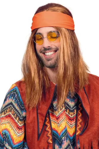 Hippie Perücke braun mit Stirnband für Erwachsene Retro lange Haare Fasching