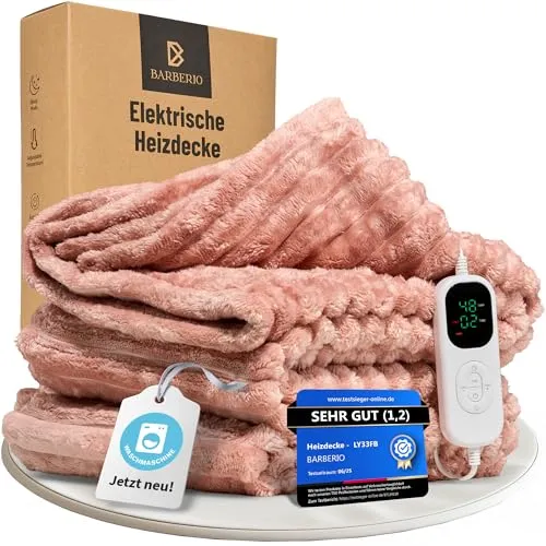 BARBERIO elektrische Heizdecke Wärmedecke staubrosa mit 6 Heizstufen, Timer, Abschaltautomatik, Überhitzungsschutz, LCD, strahlungsfrei, Anti-Milben, flauschig & maschinenwaschbar (180 x 200cm)