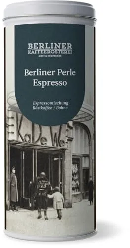 Berliner Kaffeerösterei - Berliner Perle Espresso (125g / ganze Bohne) mit Doppeldeckeldose, Röstgrad Kaffee: dunkel, 100% Arabica Bohnen, Aromaprofil: Nussig/Schokoladig
