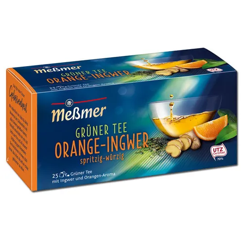 Meßmer Grüner Tee Orange-Ingwer - 25 Teebeutel - Aromatischer grüner Tee mit Ingwer und Orange, ideal für eine erfrischende Auszeit. Perfekt für Teeliebhaber!