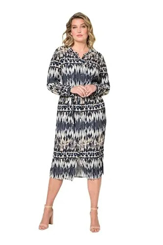 MIAMODA Damen große Größen Übergrößen Plus Size Midikleid, bequem geschnitten, Crash, Alloverdruck. Rundhals, Langarm schwarz 54 832878130-54