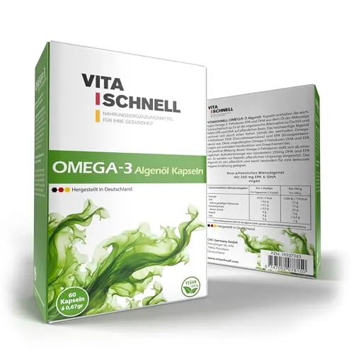 Vita Schnell Omega 3 Algenöl – 60 hochdosierte Kapseln mit 250mg EPA und DHA – Vegan, glutenfrei & laktosefrei – Ohne Allergene – nachhaltig produziert