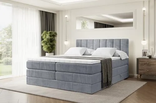 ALTDECOR OTTA KING Boxspringbett 200x200 cm - Grau Samt - Luxuriöses Boxspringbett mit 2 Matratzen (H3 und H4) und Topper, bietet optimalen Schlafkomfort und viel Stauraum durch Bettkästen.