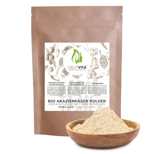 Bio Akazienfaser Pulver 400 g – GreatVita - Ballaststoffpräparat mit 90% löslichen Ballaststoffen, geschmacksneutral und vielseitig einsetzbar in Müsli, Smoothies oder beim Backen. Vegan, glutenfrei und bio-zertifiziert nach DE-ÖKO-037.