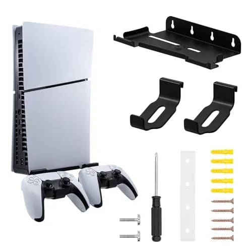 Mcbazel Wandhalterung für PS5 Slim mit 2 Haken für PS5-Controller, Stahlmetallmaterial Aufhängevorrichtung Langlebiges Zubehör für PlayStation 5 Slim Disc/Digitale Edition (Nicht für PS5/PS5 Pro)