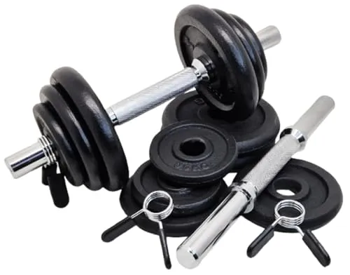 Produktbild G5 HT SPORT Hantelset + Hantelscheiben aus Gusseisen, Durchmesser 25 mm [11,21,35 kg], verstellbare Gewichte mit Schrauben und Federverschlüssen, Set für Training zu Hause und Fitnessstudio, Fitness
