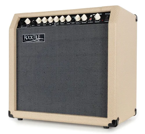 Rocktile AA-30 CW Eric Akustikverstärker - 30 Watt - Akustikgitarrenverstärker mit 30 Watt Leistung, 2 Kanälen und vielseitigen Effekten wie Chorus und Hall für perfekten Sound. Ideal für Gesang und Gitarre, perfekt für Proben und Auftritte.