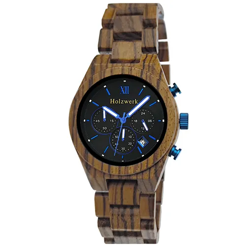 Holzwerk RHEINE Herren Holz Uhr Chronograph Zebra braun schwarz blau - Elegante Herren-Armbanduhr mit Chronograph und Datumsanzeige. Handgefertigt aus hochwertigem Holz, bietet sie einen stilvollen Look für jeden Anlass. Mit Leuchtzeigern und 30 m Wasserdichtigkeit.