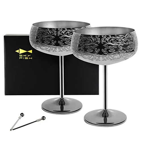 SKY FISH Martini Gläser, Edelstahl Champagner Schalen 2er Set, 400 ml Sektschale mit 2 Cocktail-Plektren, Handwäsche, (schwarz)