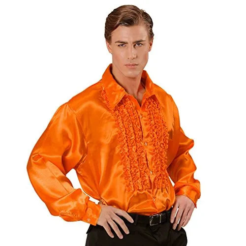 NET TOYS 70er Jahre Rüschenhemd Satinhemd Männer Orange XXL 58/60 Satin Hemd Herren Retro Discohemd Schlager Schlagerhemd Disco Herrenkostüm Faschingskostüm