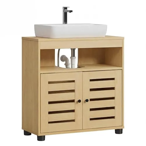 VASAGLE Waschbeckenunterschrank, Badschrank, 30 x 60 x 63 cm, Badezimmerschrank, Aufbewahrungsschrank, für Waschbecken ohne Säule, 2 Lamellentüren, verstellbare Regalebene, mandelgelb BBK004YJ01