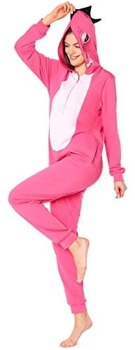 Ladeheid Damen Schlafoverall aus Baumwolle - Bunter Jumpsuit mit Kapuze (Dunkelrosa Dino, XXL) - Bequemer Damen Schlafoverall aus 100% Baumwolle; ideal für entspannte Nächte und kreative Kostümpartys. Mit Kapuze, langen Ärmeln und Taschen für zusätzlichen Komfort. Perfekt für Karneval und Mottopartys.
