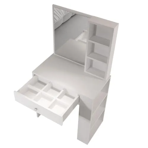 Hanah Home Eleganter weißer Schminktisch, 69,4 cm breit, 135 cm hoch, 40 cm tief | 100% melaminbeschichtet, Kristallgriff | Stilvoll & funktional