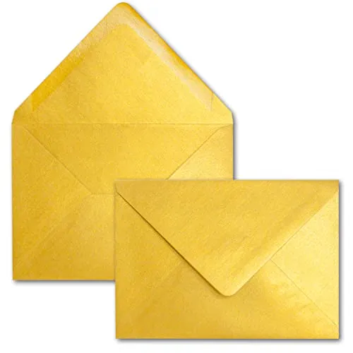 25x DIN C6 Briefumschläge, Gold mit Metallic Effekt, 114 x 162 mm, 90 g/m², beidseitig beschichtet mit Perlmutt-Effekt, Nassklebung, für Einladungen, Geburtstag, Taufe