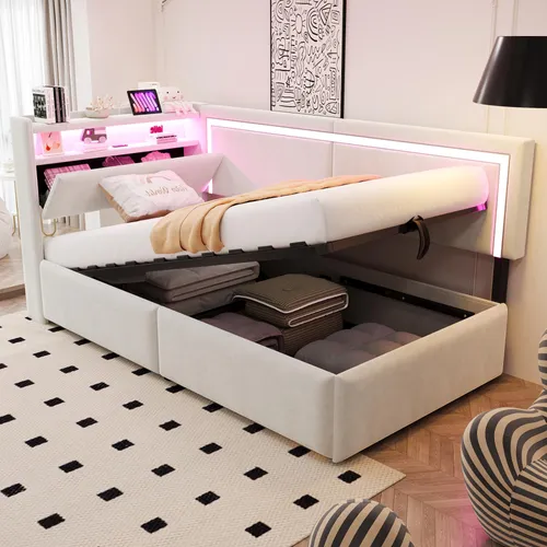 Polsterbett Schlafsofa 90x200 cm mit LED-Beleuchtung und USB-Anschluss