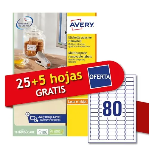 Avery Italia L4732REV-30P Weiße Papier-Klebeetiketten, entfernbar, keine Rückstände, 25 + 5 zusätzliche Blätter, rechteckig, 35,6 x 16,9 mm, 80 Etiketten pro Blatt, abnehmbarer Aufkleber, Laser
