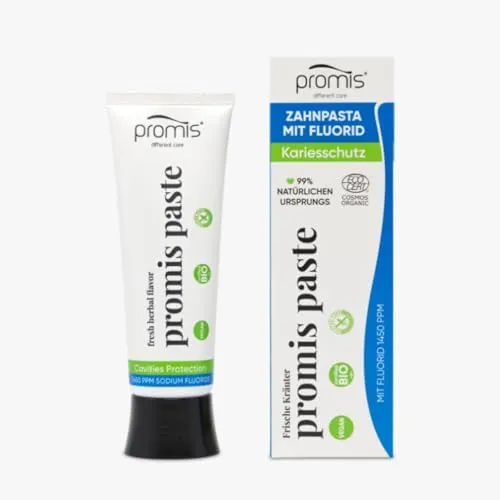 Promis Paste - Natürliche Zahnpasta mit Fluorid 1450 ppm für Sensible Zähne, Xylitol, Vegan, Ecocert Cosmos Organic Zertifiziert, Bio, Zuckerrohr-Tube, Recycelte Verpackung