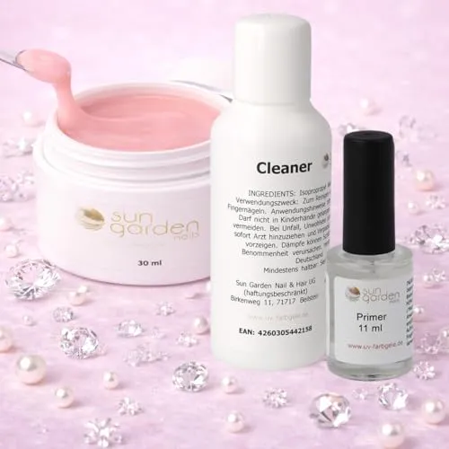 Sun Garden Nails Nailset mit Aufbaugel Milky Pink 30ml mit Nail Primer und Nagel Cleaner 100ml Nagelgel Set zur Nagelverlängerung Aufbaugel für Gelnägel