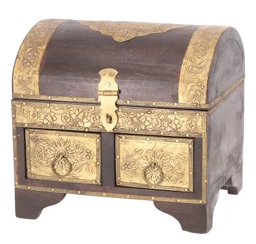 GURU SHOP Rustikale Halbrunde Kleine Schatztruhe, Holzschachtel, Schmuck Dose mit Schubfächern - Modell 5, 18x20x16 cm