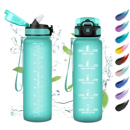 Trinkflasche Auslaufsicher 1L, Sport Trinkflasche mit Zeitmarkierung, Wasserflasche Kohlensäure Geeignet, Wasserflasche mit Strohhalm, Sportflasche für Gym, Schule, Büro, Camping, Fahrrad, Fitness