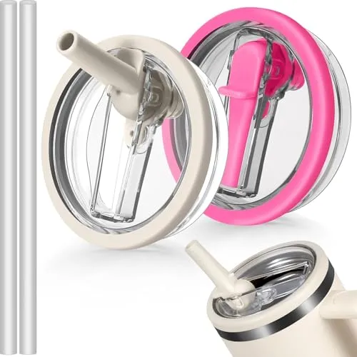 weiclianhp 2 Stück Deckel Stanley Cup Dicht, 40oz Becher Ersatzdeckel mit 2 Austauschbar Strohhalme, Deckel Auslaufsicher, Cup Zubehör, Flip Straw